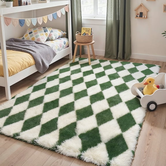 GENIMO 5'x7' Area Rug, Machine Washable Playful Animal Floral Rug with Non Slip Backing for Bedroom, Nursery, Living Room, Green and White