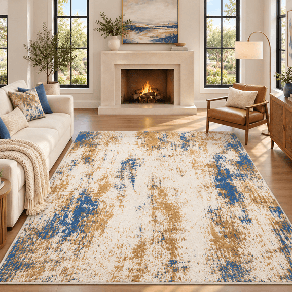 GENIMO 5'x7' Textured Area Rug, Handwoven-Inspired Loop Pile Washable Non Slip Modern Abstract Rug for Living Room Bedroom, Beige Gold