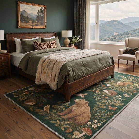 GENIMO 5'x7' Area Rug for Living Room, Machine Washable Non Slip Low Pile Rug for Bedroom Dining Room, Abstract Animal Print, Forest Green