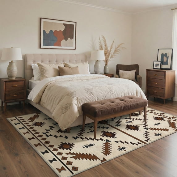 GENIMO 5'x7' Area Rug for Living Room, Machine Washable Non Slip Low Pile Rug for Bedroom Dining Room, Boho Bohemian, Earthy Brown