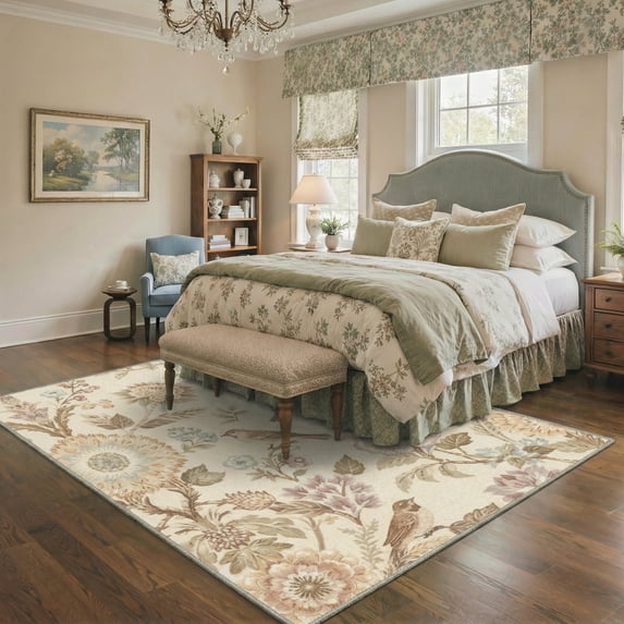 GENIMO 5'x7' Area Rug for Living Room, Machine Washable Non Slip Low Pile Rug for Bedroom Dining Room, Botanical Floral, Dusty Beige
