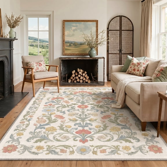 GENIMO 5'x7' Area Rug for Living Room, Machine Washable Non Slip Low Pile Rug for Bedroom Dining Room, Classic Floral, Dusty Pastel