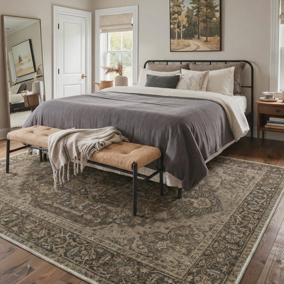 GENIMO 5'x7' Area Rug for Living Room, Machine Washable Non Slip Low Pile Rug for Bedroom Dining Room, Distressed Persian Diamond, Dusty Taupe