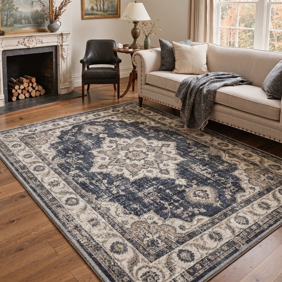 GENIMO 5'x7' Area Rug for Living Room, Machine Washable Non Slip Low Pile Rug for Bedroom Dining Room, Distressed Persian Diamond, ONYXBLOOM
