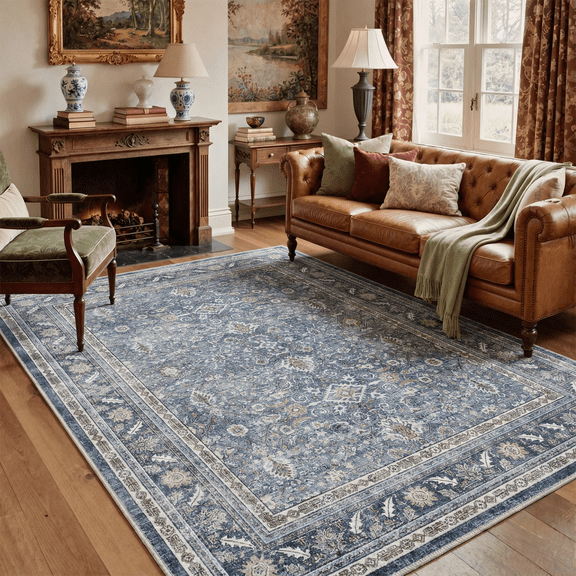 GENIMO 5'x7' Area Rug for Living Room, Machine Washable Non Slip Low Pile Rug for Bedroom Dining Room, Distressed Persian, INDIGO BLOOM
