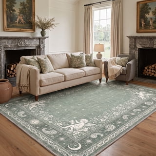 GENIMO 5'x7' Area Rug for Living Room, Machine Washable Non Slip Low Pile Rug for Bedroom Dining Room, Garden Floral, Dusty Sage