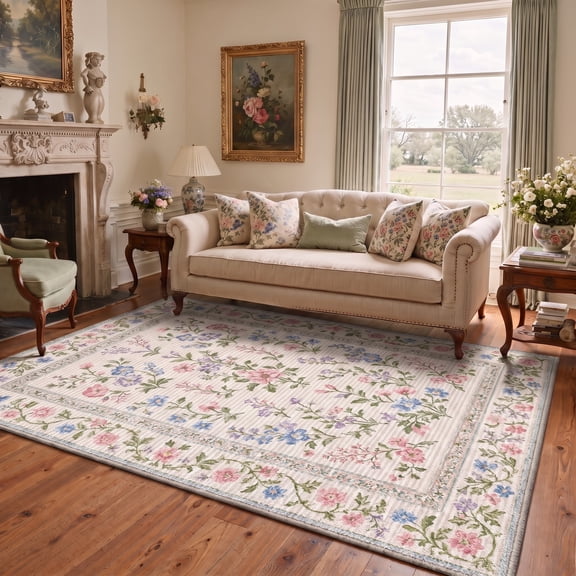 GENIMO 5'x7' Area Rug for Living Room, Machine Washable Non Slip Low Pile Rug for Bedroom Dining Room, Garden Floral, PINK BLOOM