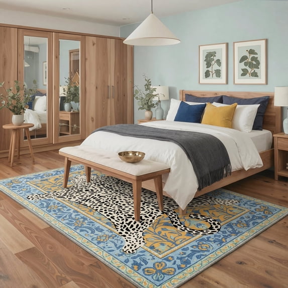 GENIMO 5'x7' Area Rug for Living Room, Machine Washable Non Slip Low Pile Rug for Bedroom Dining Room, Modern Animal Print, Dusty Blue