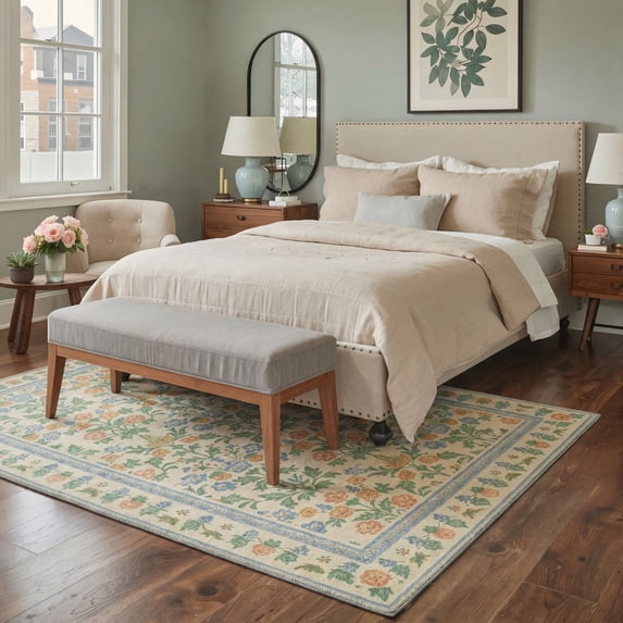 GENIMO 5'x7' Area Rug for Living Room, Machine Washable Non Slip Low Pile Rug for Bedroom Dining Room, Modern Artistic, Soft Cream