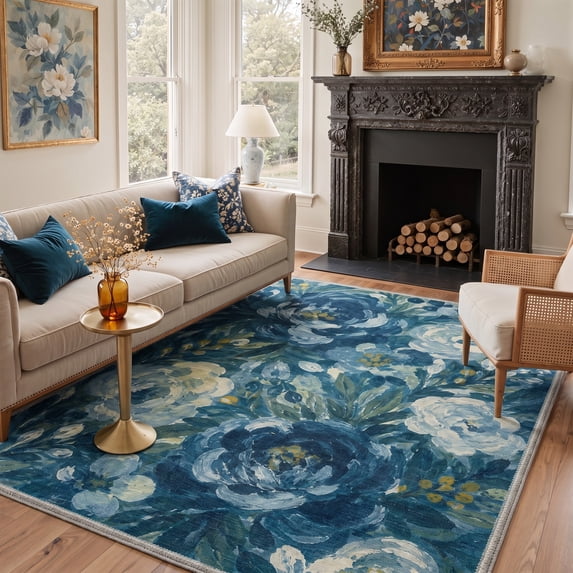GENIMO 5'x7' Area Rug for Living Room, Machine Washable Non Slip Low Pile Rug for Bedroom Dining Room, Modern Floral, INDIGO BLOOM