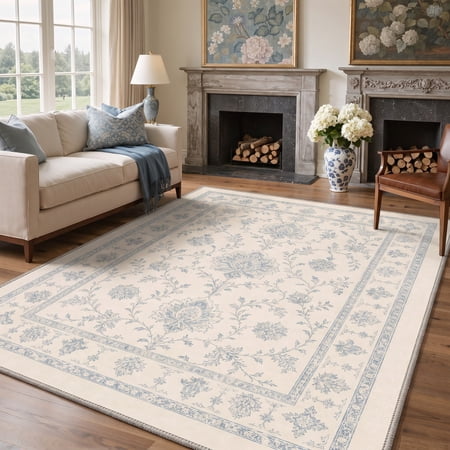 GENIMO 5'x7' Area Rug for Living Room, Machine Washable Non Slip Low Pile Rug for Bedroom Dining Room, Muted Floral, Dusty Blue