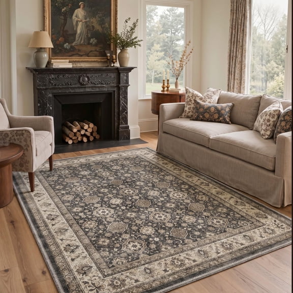GENIMO 5'x7' Area Rug for Living Room, Machine Washable Non Slip Low Pile Rug for Bedroom Dining Room, Muted Persian, EBONY