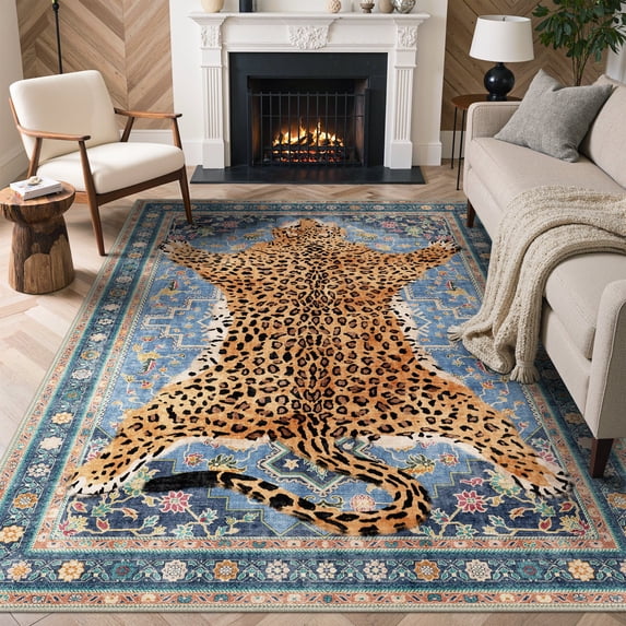 GENIMO 5'x7' Area Rug for Living Room, Machine Washable Non Slip Low Pile Rug for Bedroom Dining Room, Natural Animal Print, Dusty Blue