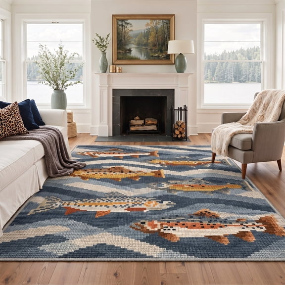 GENIMO 5'x7' Area Rug for Living Room, Machine Washable Non Slip Low Pile Rug for Bedroom Dining Room, Natural Animal Print, Slate Blue
