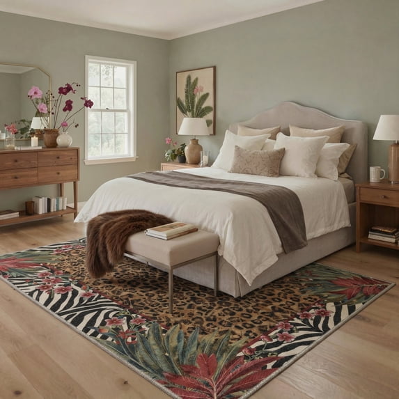 GENIMO 5'x7' Area Rug for Living Room, Machine Washable Non Slip Low Pile Rug for Bedroom Dining Room, Nature Inspired Animal Print, Earthy Brown