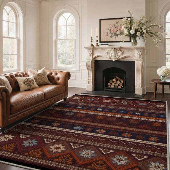 GENIMO 5'x7' Area Rug for Living Room, Machine Washable Non Slip Low Pile Rug for Bedroom Dining Room, Neutral Boho, Rich Brown