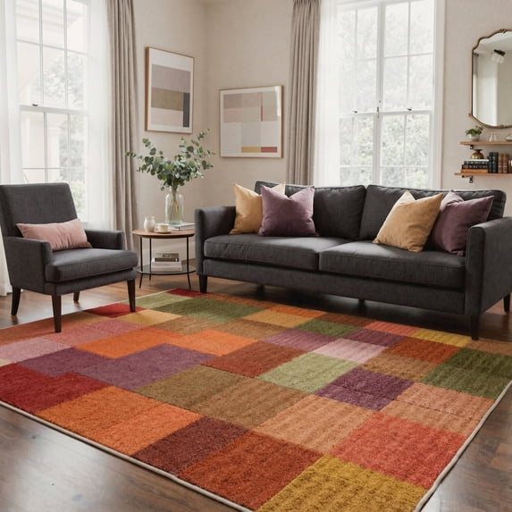 GENIMO 5'x7' Area Rug for Living Room, Machine Washable Non Slip Low Pile Rug for Bedroom Dining Room, Neutral Minimalist, Warm Earth