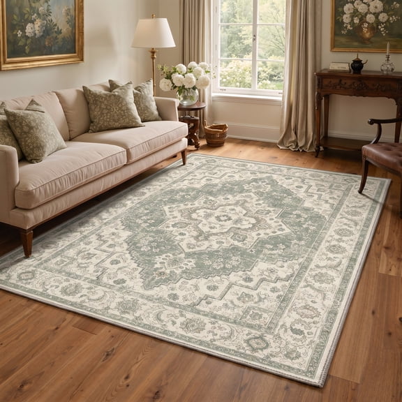 GENIMO 5'x7' Area Rug for Living Room, Machine Washable Non Slip Low Pile Rug for Bedroom Dining Room, Persian Diamond, Sage Cream