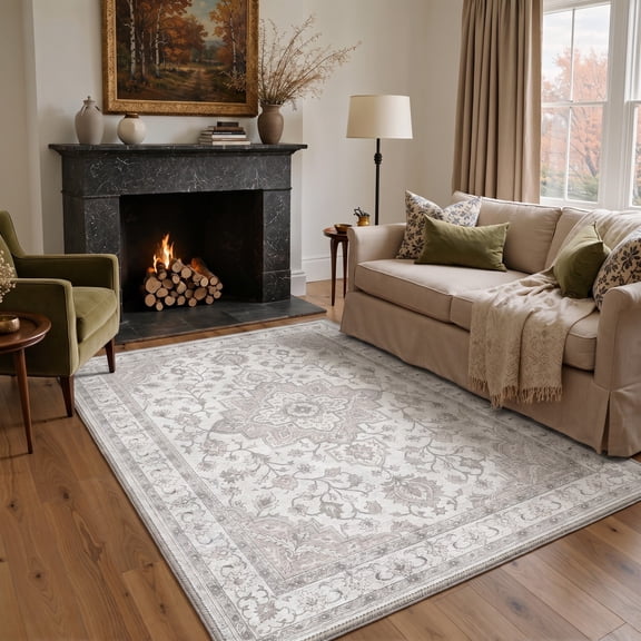 GENIMO 5'x7' Area Rug for Living Room, Machine Washable Non Slip Low Pile Rug for Bedroom Dining Room, Persian Geometric, BLUSH