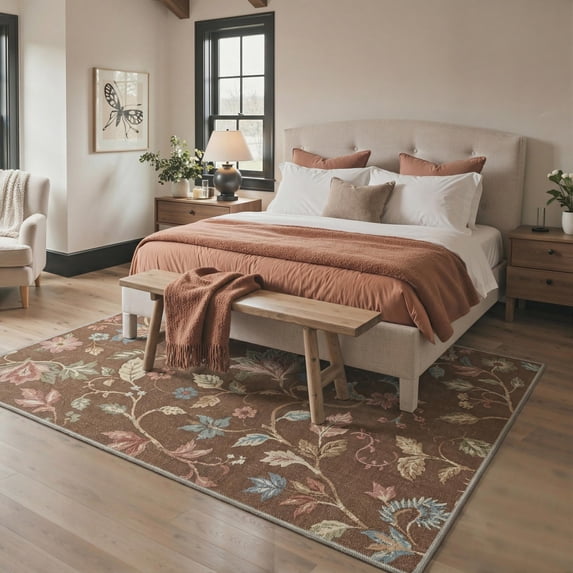 GENIMO 5'x7' Area Rug for Living Room, Machine Washable Non Slip Low Pile Rug for Bedroom Dining Room, Romantic Floral, Dusty Brown