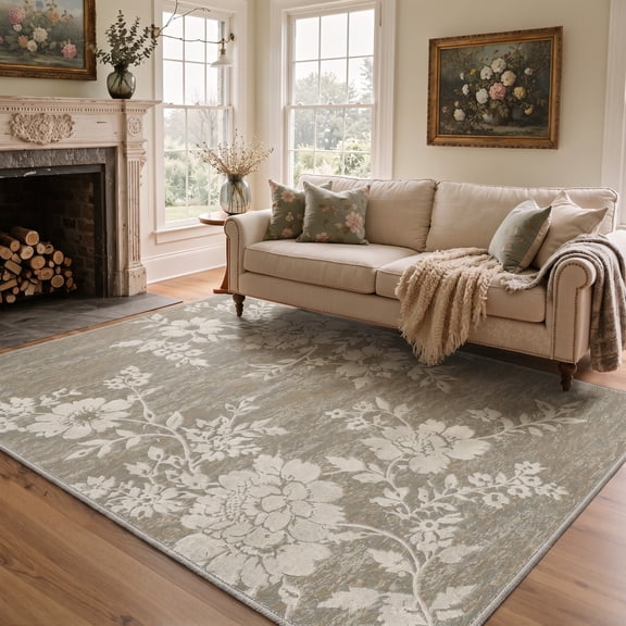GENIMO 5'x7' Area Rug for Living Room, Machine Washable Non Slip Low Pile Rug for Bedroom Dining Room, Romantic Floral, Dusty Taupe