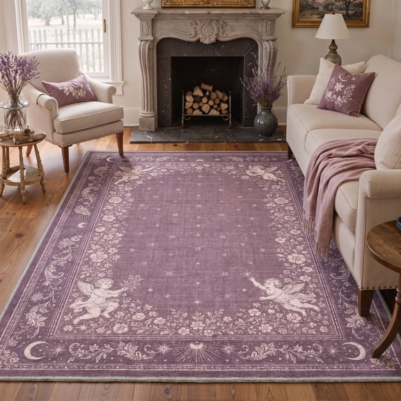 GENIMO 5'x7' Area Rug for Living Room, Machine Washable Non Slip Low Pile Rug for Bedroom Dining Room, Romantic Floral, MAUVE BLOOM