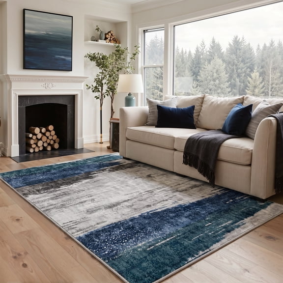GENIMO 5'x7' Area Rug for Living Room, Machine Washable Non Slip Low Pile Rug for Bedroom Dining Room, Soft Abstract, Misty Teal