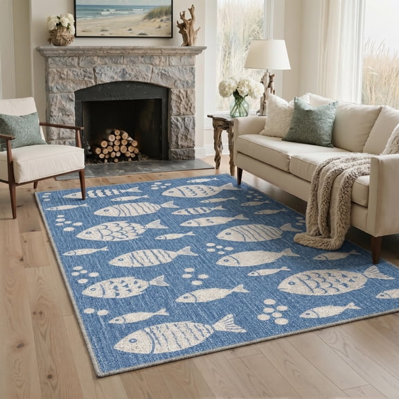 GENIMO 5'x7' Area Rug for Living Room, Machine Washable Non Slip Low Pile Rug for Bedroom Dining Room, Soft Animal Print, Dusty Blue
