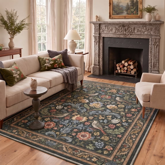 GENIMO 5'x7' Area Rug for Living Room, Machine Washable Non Slip Low Pile Rug for Bedroom Dining Room, Soft Modern Art, JADE BLOOM