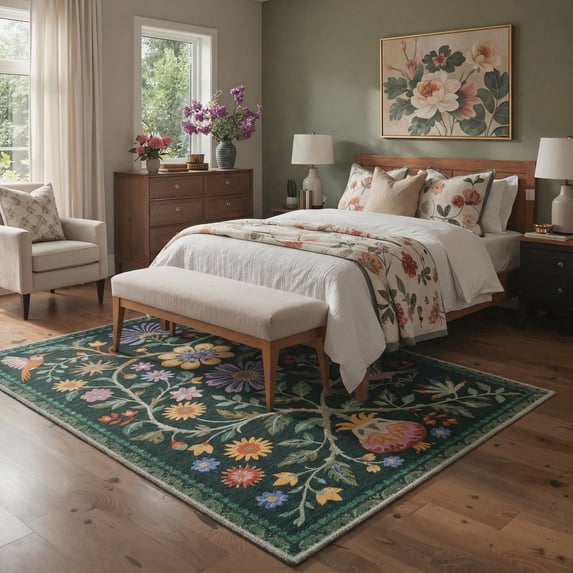 GENIMO 5'x7' Area Rug for Living Room, Machine Washable Non Slip Low Pile Rug for Bedroom Dining Room, Vintage Floral, Forest Green