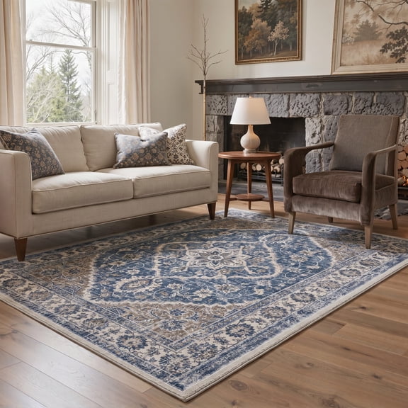 GENIMO 5'x7' Area Rug for Living Room, Machine Washable Non Slip Low Pile Rug for Bedroom Dining Room, Vintage Persian Diamond, Washed Navy