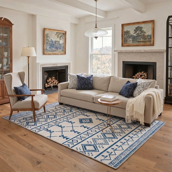 GENIMO 5'x7' Area Rug for Living Room, Washable Non Slip Soft Boho Geometric Rug for Bedroom Dining Room Home Office, Ivory Navy