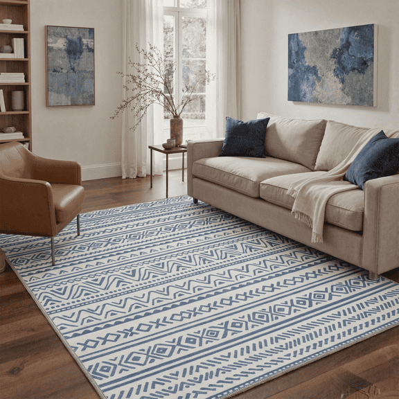 GENIMO 5'x7' Area Rug for Living Room, Washable Non Slip Soft Boho Rug for Bedroom Dining Room Home Office, Ivory Blue