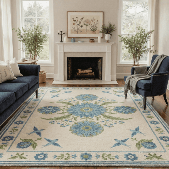 GENIMO 5'x7' Area Rug for Living Room, Washable Non Slip Soft Floral Birds Rug for Bedroom Dining Room Home Office, Dusty Blue