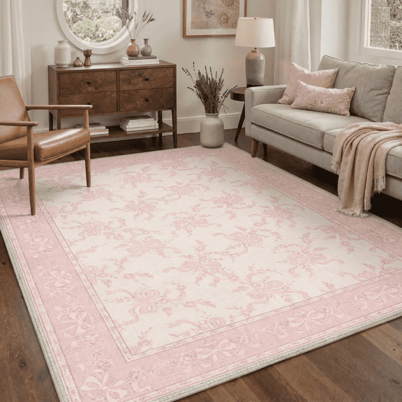 GENIMO 5'x7' Area Rug for Living Room, Washable Non Slip Soft Floral Rug for Bedroom Dining Room Home Office, Blush Pink