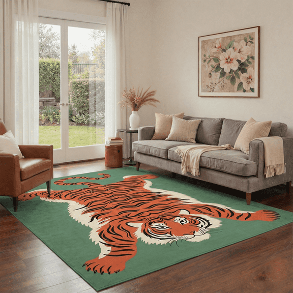 GENIMO 5'x7' Area Rug for Living Room, Washable Non Slip Soft Tiger Print Rug for Bedroom Dining Room Home Office, Moss Terracotta