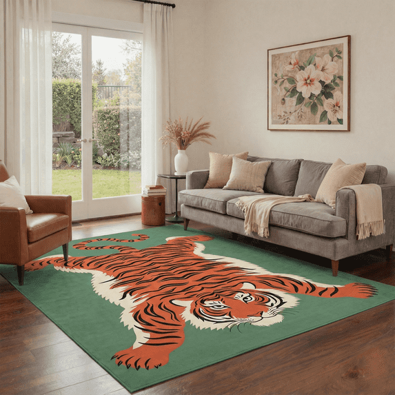 GENIMO 5'x7' Area Rug for Living Room, Washable Non Slip Soft Tiger Print Rug for Bedroom Dining Room Home Office, Moss Terracotta