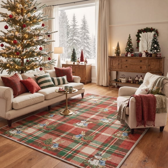 GENIMO 5'x7' Area Rug for Living Room, Washable Non Slip Soft Vintage Christmas Rug for Bedroom Dining Room Home Office, Festive Red