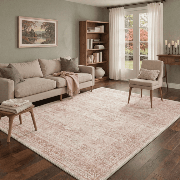 GENIMO 5'x7' Area Rug for Living Room, Washable Non Slip Soft Vintage Persian Rug for Bedroom Dining Room Home Office, Dusty Blush