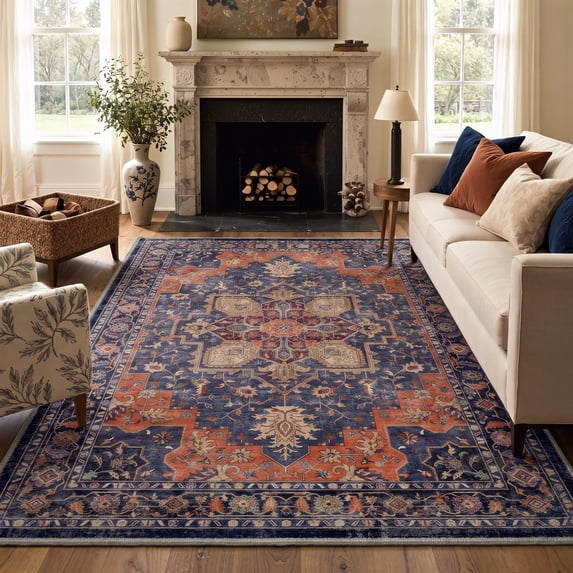 GENIMO 5'x7' Area Rug for Living Room, Washable Non Slip Soft Vintage Persian Rug for Bedroom Dining Room Home Office, Navy Terracotta