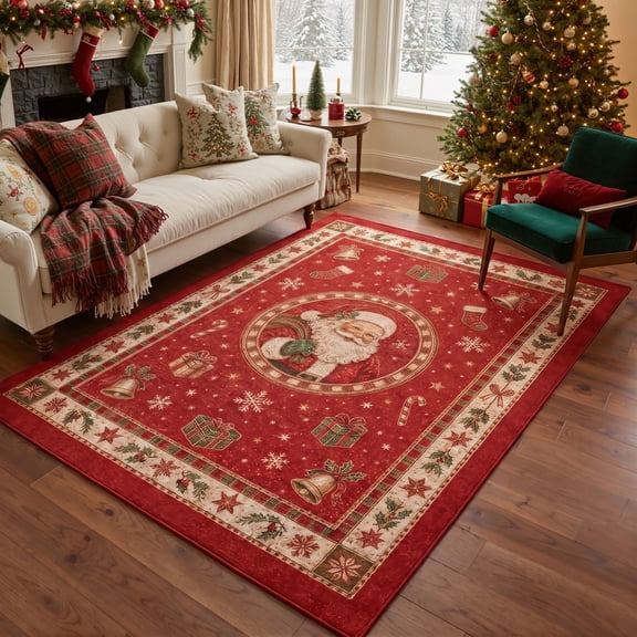 GENIMO 5'x7' Area Rug for Living Room, Washable Non Slip Soft Vintage Santa Christmas Rug for Bedroom Dining Room Home Office, Vintage Red