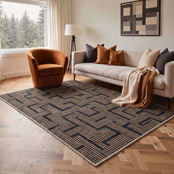 GENIMO 5'x7' Calm Minimalist Area Rug for Living Room, Machine Washable Non Slip Low Pile Rug for Bedroom Dining Room, AMBERNEXUS
