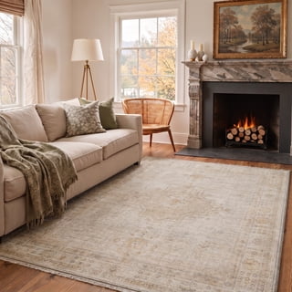 GENIMO 5'x7' Diamond Persian Area Rug for Living Room, Machine Washable Non Slip Low Pile Rug for Bedroom Dining Room, OCHRE BLOOM
