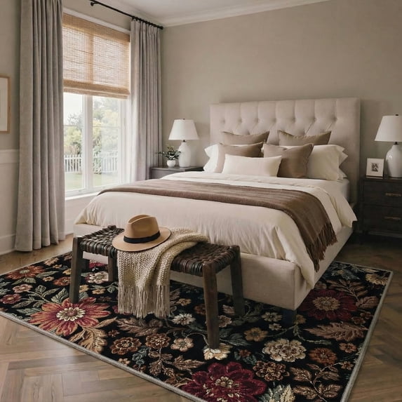 GENIMO 5'x7' Floral Area Rug for Living Room, Machine Washable Non Slip Low Pile Rug for Bedroom Dining Room, Rich Autumnal