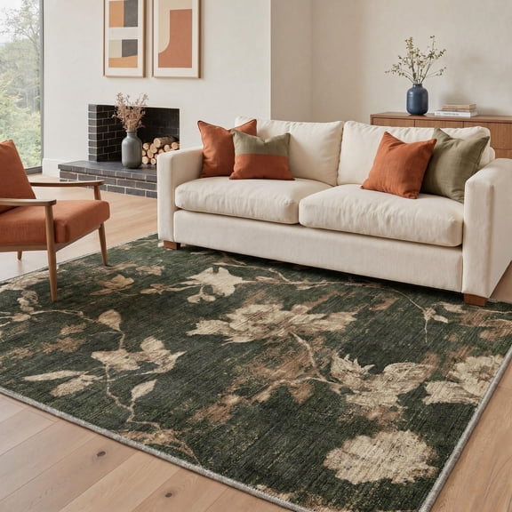 GENIMO 5'x7' Floral Botanical Area Rug for Living Room, Machine Washable Non Slip Low Pile Rug for Bedroom Dining Room, TEAL BLOOM