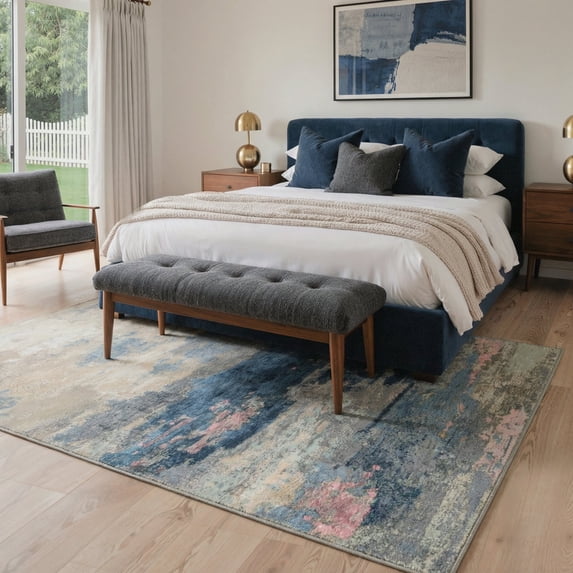 GENIMO 5'x7' Geometric Abstract Area Rug for Living Room, Machine Washable Non Slip Low Pile Rug for Bedroom Dining Room, Dusty Blue