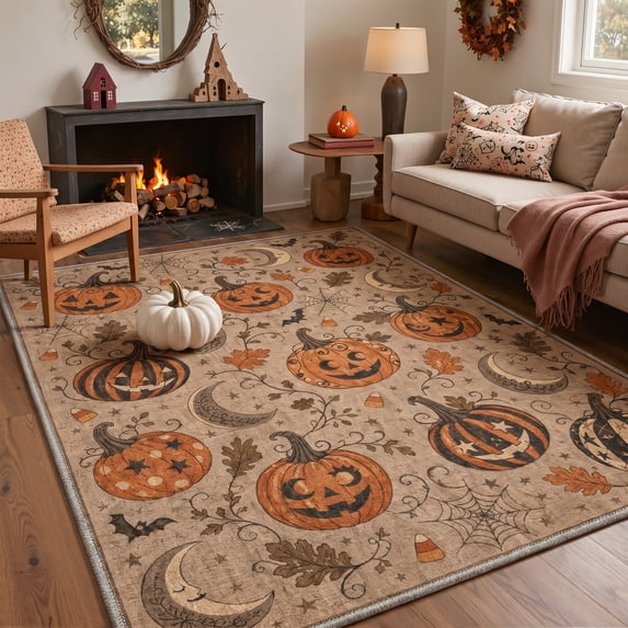 GENIMO 5'x7' Halloween Area Rug for Living Room, Washable Non Slip Soft Farmhouse Pumpkin Indoor Rug for Bedroom Dining Room Home Office, Vintage Caramel