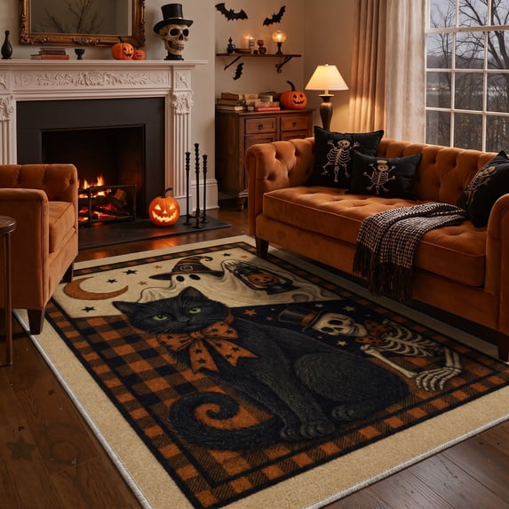 GENIMO 5'x7' Halloween Area Rug for Living Room, Washable Non Slip Soft Vintage Cat Indoor Rug for Bedroom Dining Room Home Office, Vintage Orange