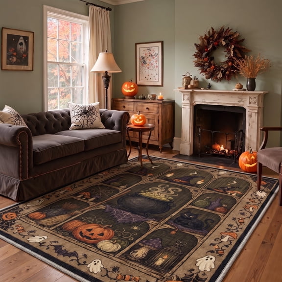 GENIMO 5'x7' Halloween Area Rug for Living Room, Washable Non Slip Soft Vintage Pumpkin Indoor Rug for Bedroom Dining Room Home Office, Antique Moss