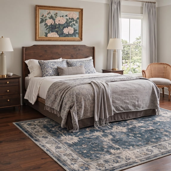 GENIMO 5'x7' Persian Area Rug for Living Room, Machine Washable Non Slip Low Pile Rug for Bedroom Dining Room, Dusty Blue